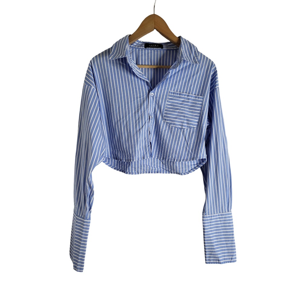 Akira Blue White Striped Cropped Button Down Long Sleeve Shirt S Preppy Grunge